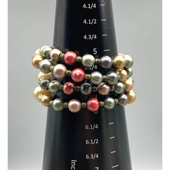 Colorful Faux Pearl Bracelet, Memory Wire 4 Wraps with Multicolored Beads - Picture 5 of 5